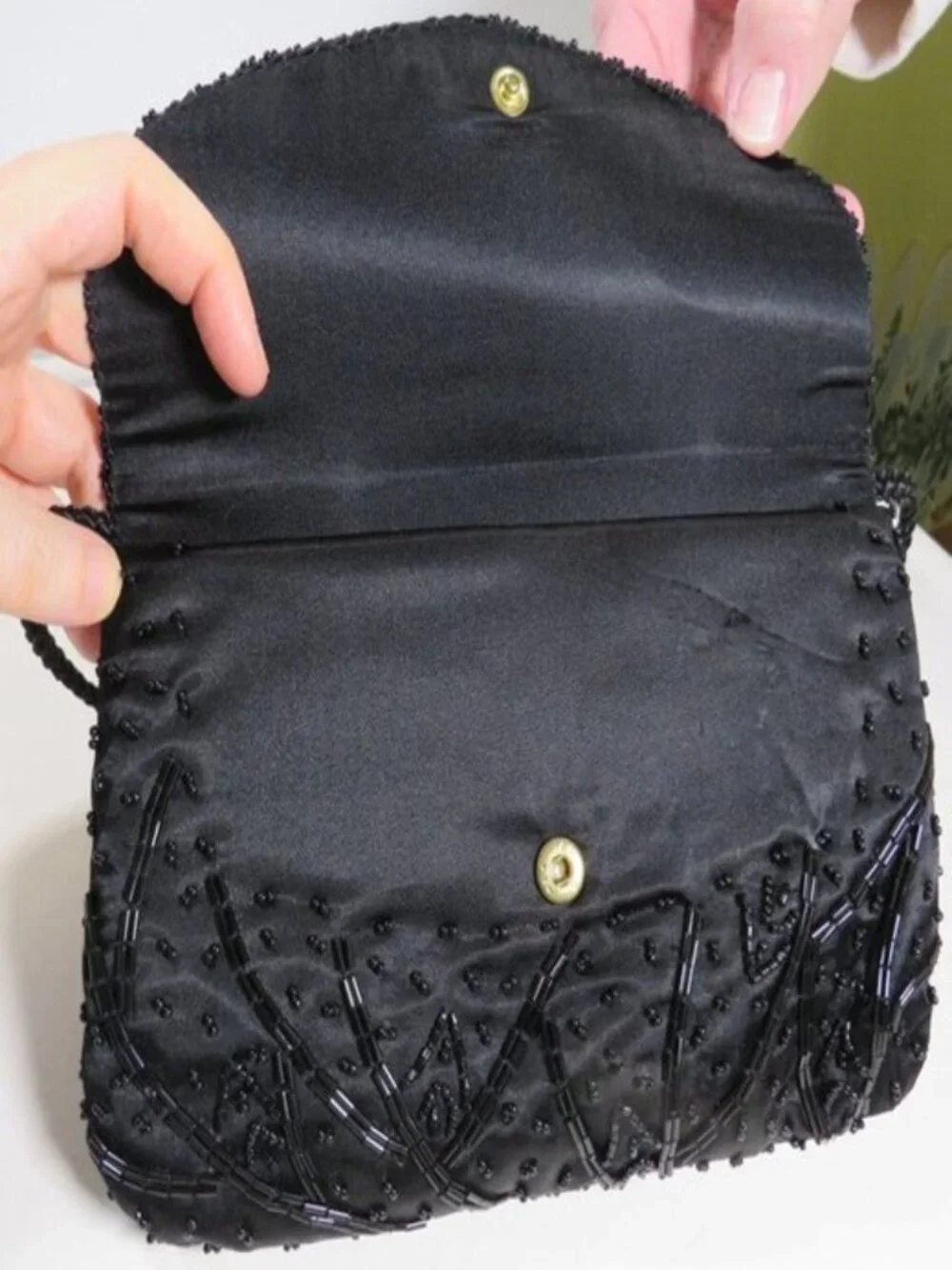 Vintage Black Beaded Clutch Purse with a Twisted Rope Strap for Formal Events